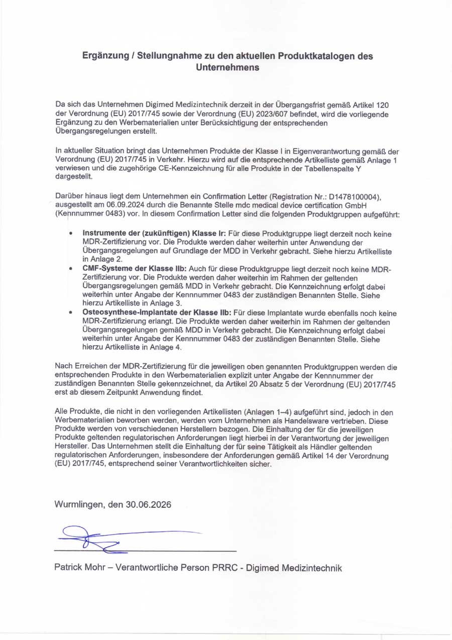 Ergänzung / Stellungnahme zu den aktuellen Produktkatalogen des Unternehmens